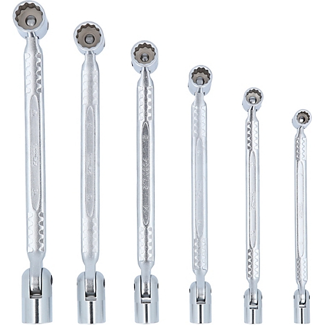 Sechs silberne, abgewinkelte Steckschlüssel in verschiedenen Größen, auf weißem Hintergrund.